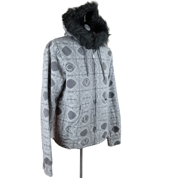 VOLCOM Hoodie Grey Zip Up Faux Fur Size Large - Picture 2 of 10